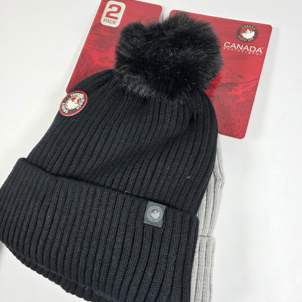 Canada Weather Gear 2 Pack Pom Pom Beanie Hat Black Gray Winter Cap